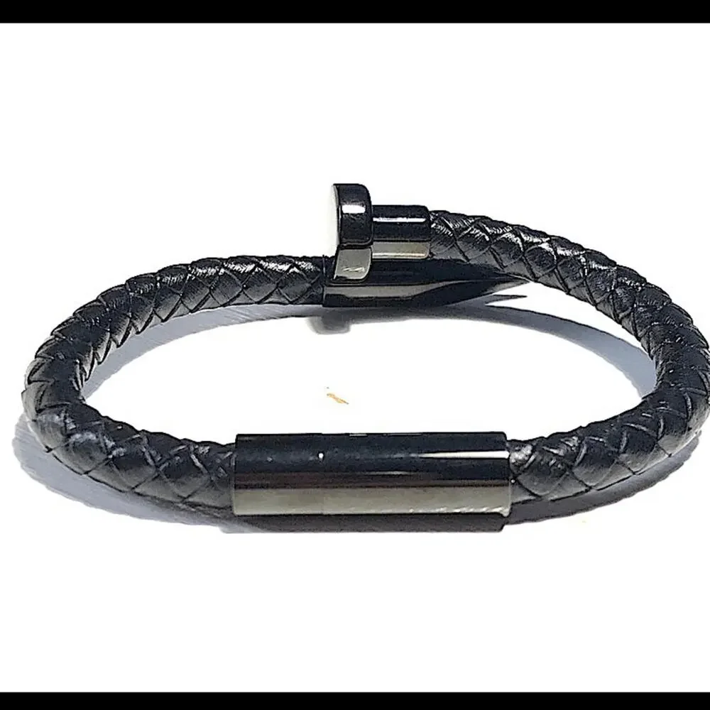 Black Leather Nail Magnetic Bracelet, Braided, Unisex